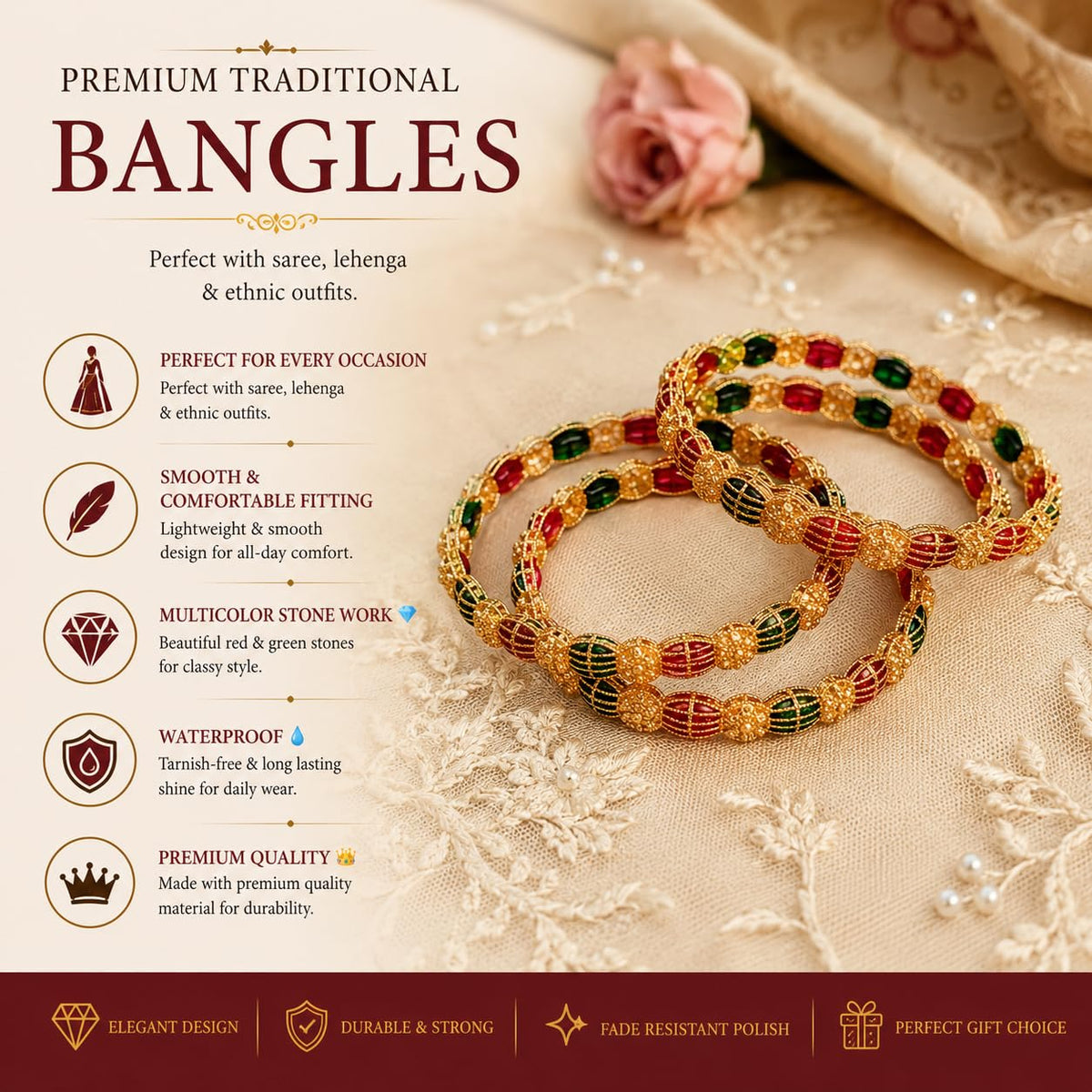 NMII Gold Plated Red Green Stone Kada With Floral Pattern For Women & Girls | Designer Kangan | Traditional Metal Bangle | Wedding Festive & Occasion Bangles - Set Of 4