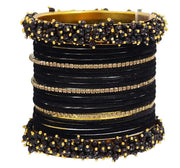 NMII Gold Metal Bangles Set Velvet Chuda Set with Pearls & Zircon Diamonds For Women & Girls Stylish | Designer Girl's Bangles Kangan Traditional | Fashion Jewellery, Wedding, Festive- Set of 21