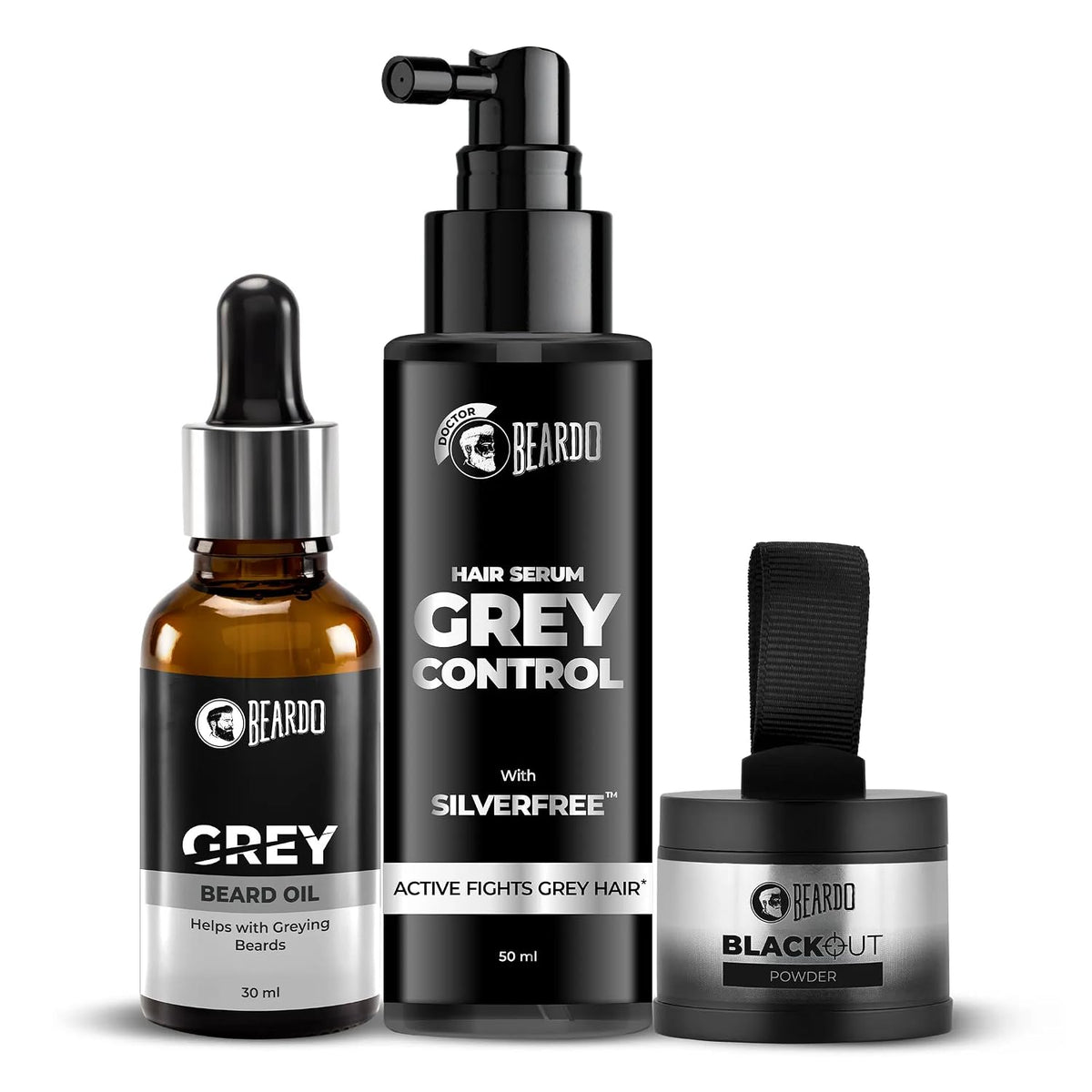 Beardo Grey Fix Kit for Men | Anti-Grey Hair Serum, Beard Oil & Blackout Powder | Reverse Greying, Restore Natural Look | Root Touch Up for Hair | Kit for Men-Set of 3