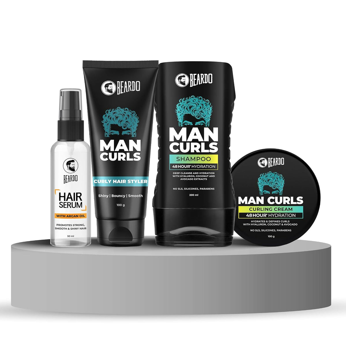 Beardo Man Curls 4-Step Complete Hair Care Routine: Shampoo (200ml), Curling Cream (100g), Hair Styler (100g) & Hair Serum (50ml) for Ultimate Curl Definition & Frizz Control (Set of 4)