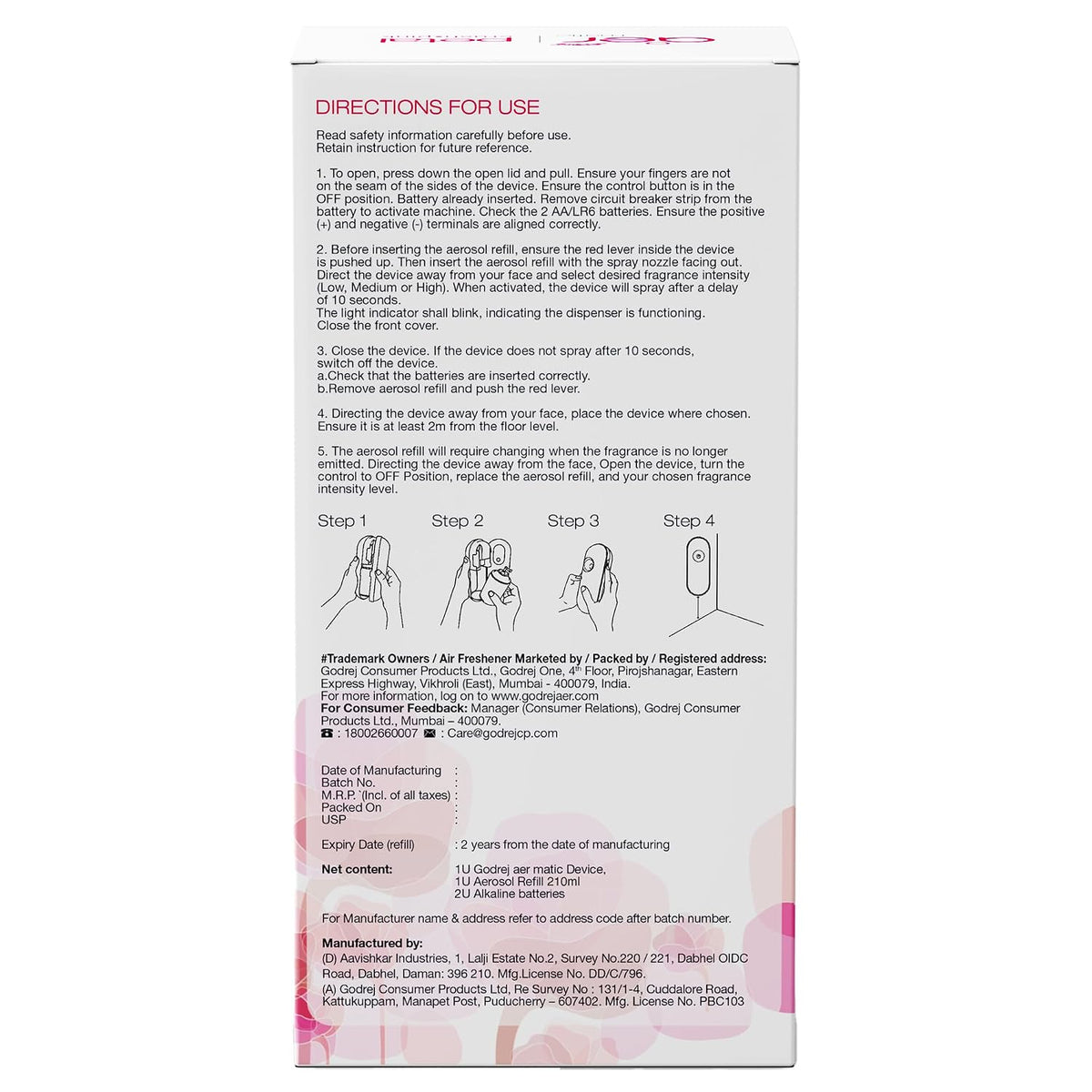 Godrej aer Matic Kit (Machine + 1 Refill) - Automatic Room Fresheners with Flexi Control Spray | Petal Crush Pink | 2000 Sprays Guaranteed | Lasts up to 60 days (210ml)