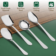 Parage 4 Pieces Stainless Steel Serving Spoons Set for Dining Table/Kitchen, 1.8 mm Heavy Gauge (1 Soup Ladle (Karchi), 1 Solid Spoon (Chamcha), 2 Rice/Serving Spoons), Silver (Pack of 4)