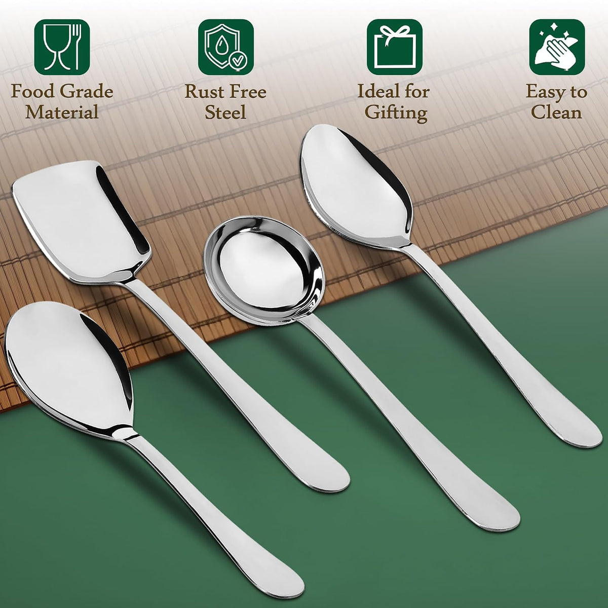 Parage 4 Pieces Stainless Steel Serving Spoons Set for Dining Table/Kitchen, 1.8 mm Heavy Gauge (1 Soup Ladle (Karchi), 1 Solid Spoon (Chamcha), 2 Rice/Serving Spoons), Silver (Pack of 4)