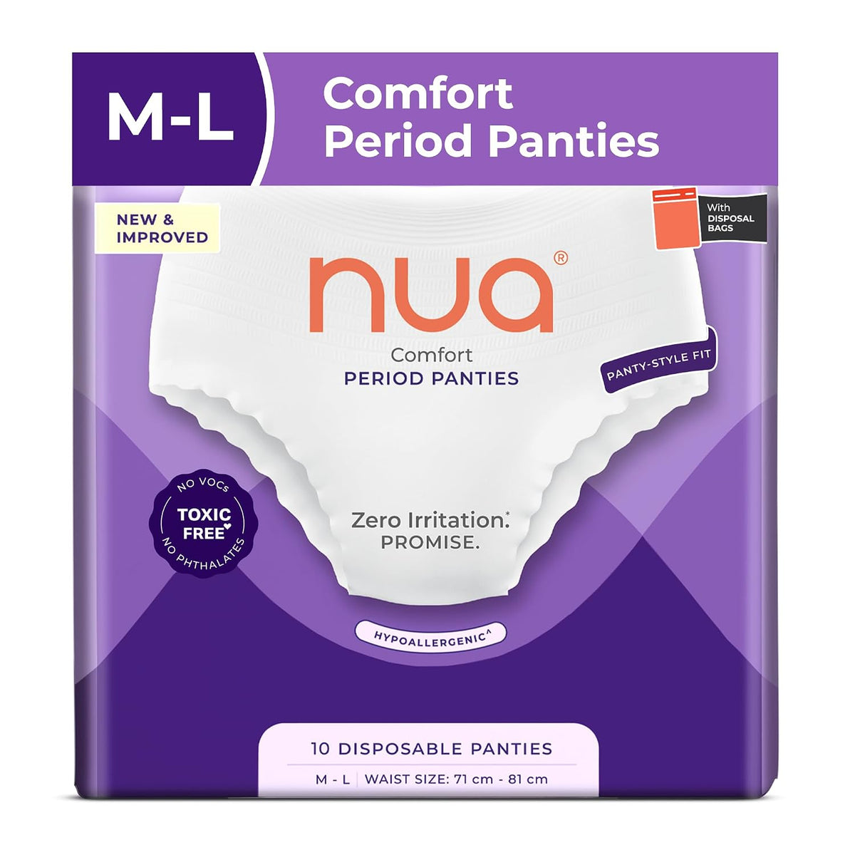 Nua Comfort Disposable Period Panties (M-L) | Pack of 10 Panties | Disposable | 360° Coverage | Zero Irritation | 4x Comfort | For Heavy Flow | No rashes | Leakproof | Seamless | 100% Toxic-Free, Dermatologically Tested