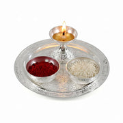 KridayKraft Silver Plated Pooja Thali Set with Swastik Design - Includes Diya and 2 Bowls for Puja, Diwali, and Gifting (19 cm Plate, 110g)