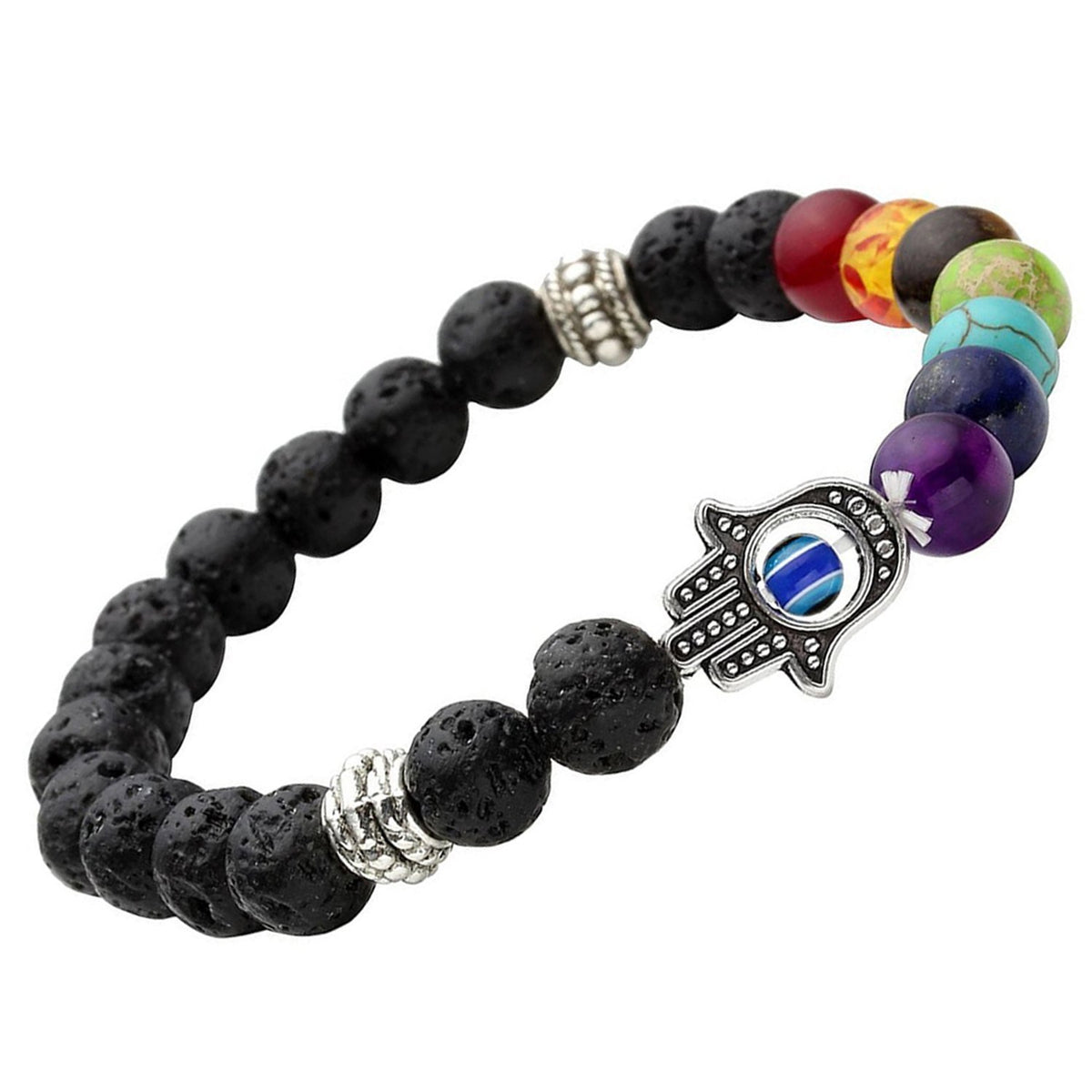 Shining Diva Fashion Natural Lava Stones Seven Chakra Evil Eye Charm Bracelet for Men (9373b)