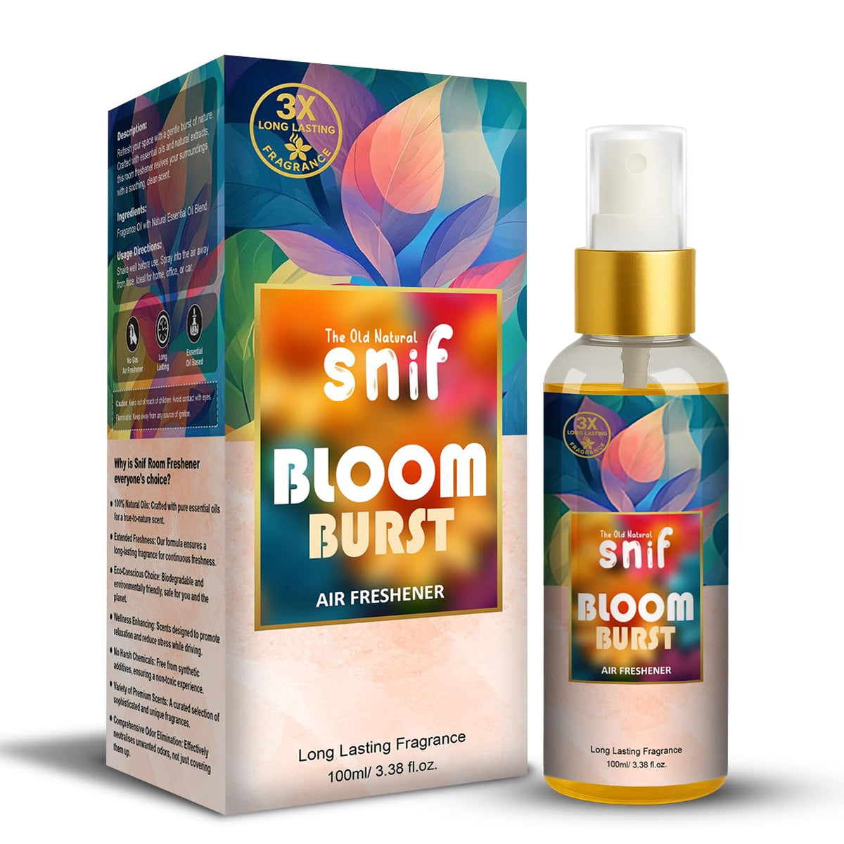 The Old Natural Snif Bloom Burst Air Freshener Spray – 100ml | Floral Scent, Long-Lasting Home & Car Air Freshener | Natural Essential Oils