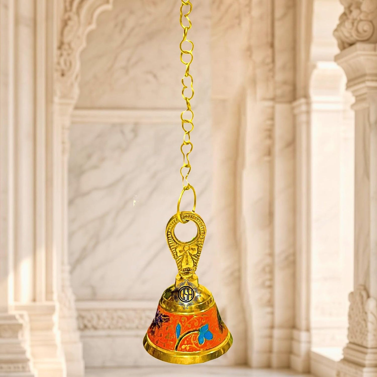 DSH Pure Brass Hanging Bell with Chain for Temple Mandir Door Home Decorative Ringing Bell (Orange, 1)