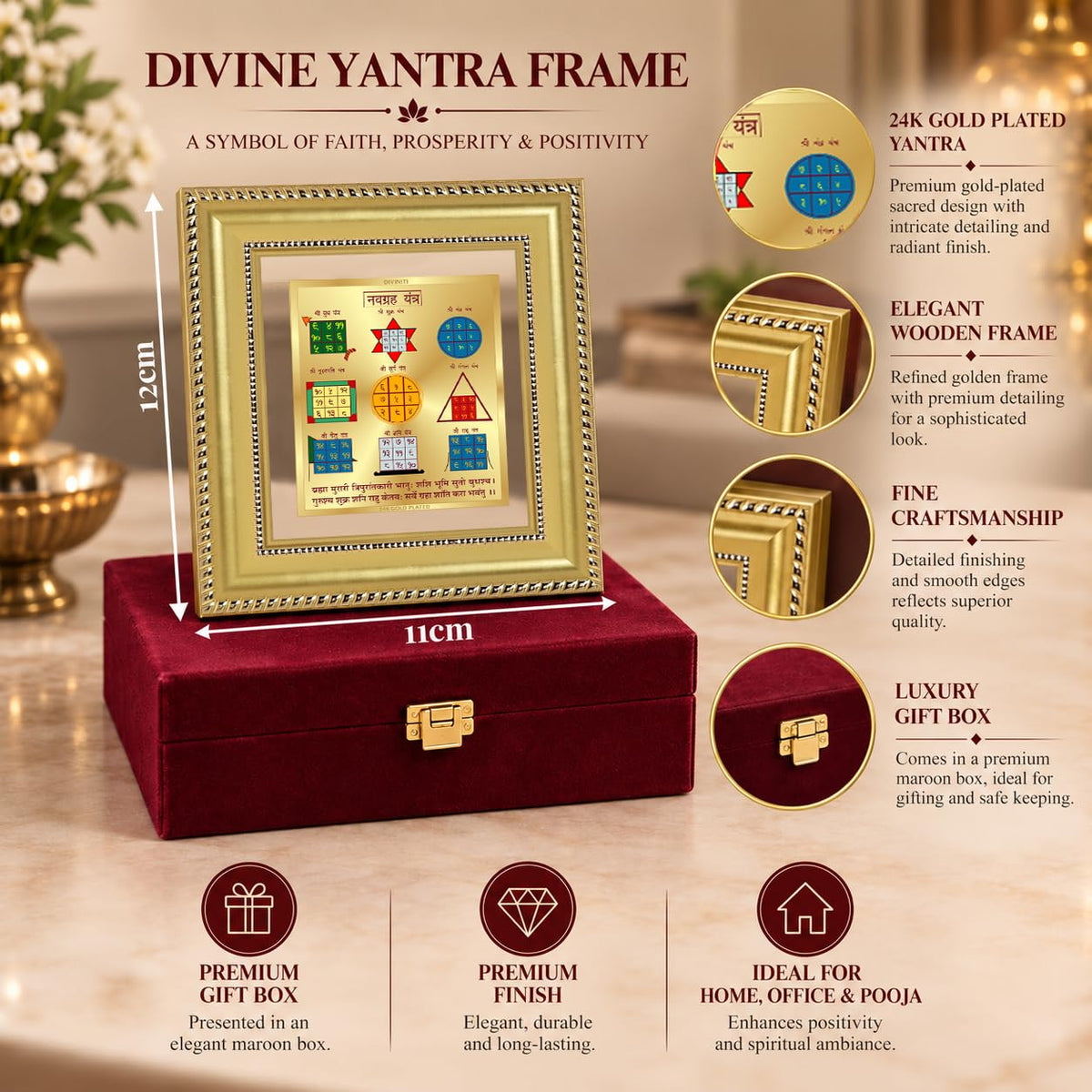DIVINITI 24K Gold-Plated Navagraha Yantra Frame | Sacred Nine Planet Yantra for Harmony, Balance & Positivity | Home, Office & Pooja Decor | Premium Gift Box | 12 x 11 CM