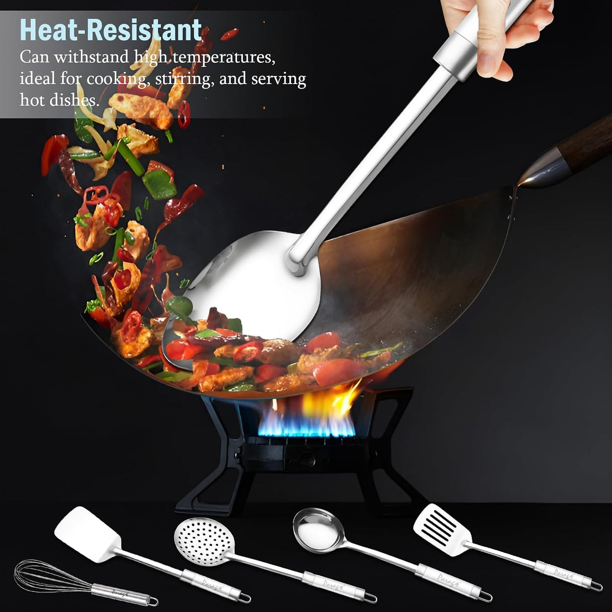 Parage 6 Pieces Stainless Steel Kitchen Tools for Cooking & Serving, Basting Spoon (Chamcha), Ladle(Karchhi), Slotted Turner, Skimmer(Jhara), Turner/Spatula (Palta), Blending Egg Whisk, Silver