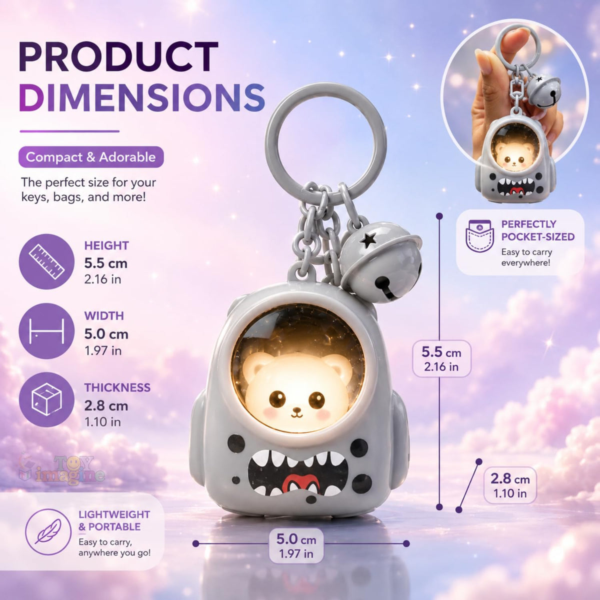 Toy Imagine Cute LED Glowing Animal Keychain for Kids (Pack of 4) Kawaii Cat Astronaut Bag Charm with Bell Backpack & School Bag Accessory Return Birthday Gift for Girls, Boys, Teens (Random Designs)