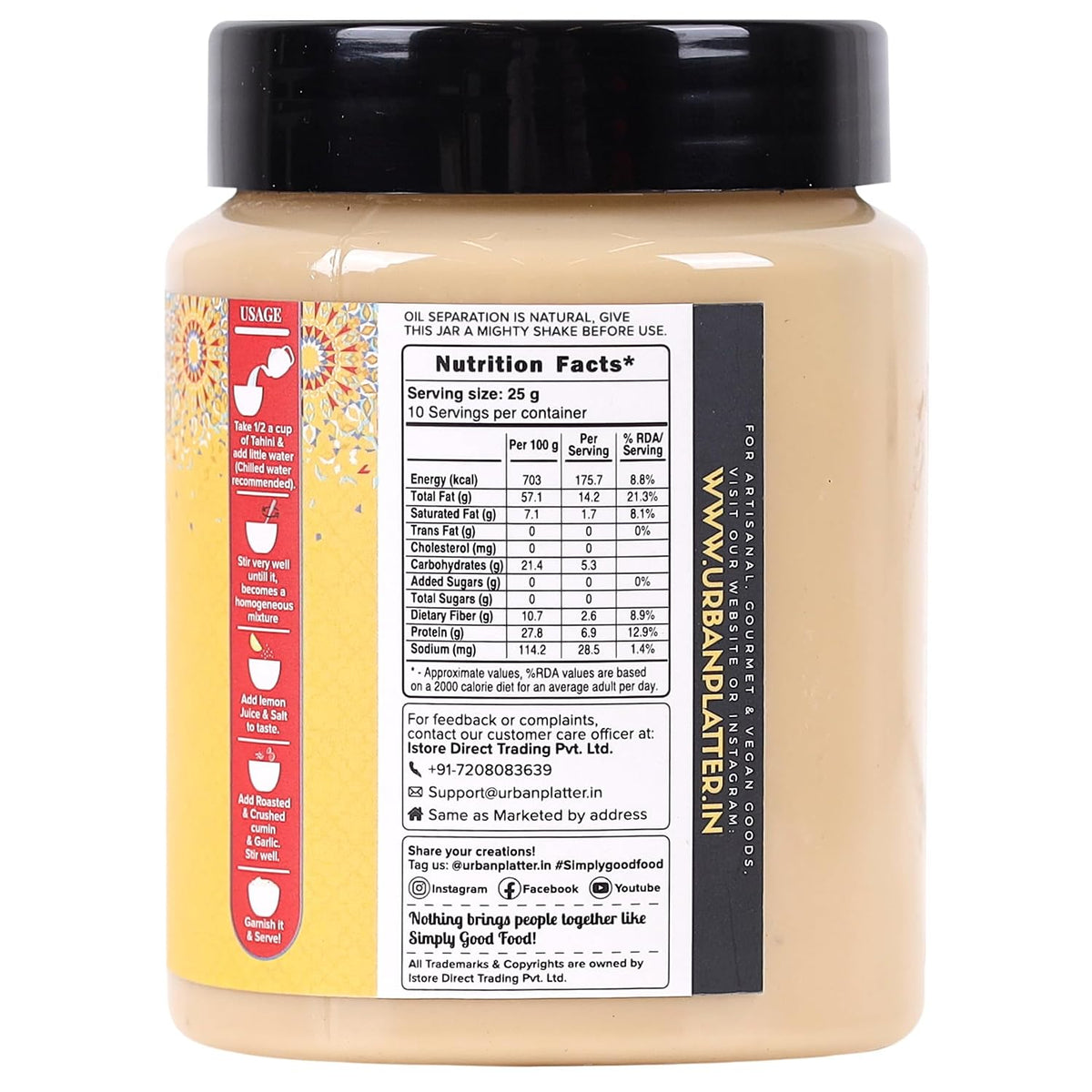 Urban Platter Tahini Paste, 250g (Smooth & Creamy White Sesame Paste, No Additives, Ideal for Hummus, Shawarma Sauce, Baba Ghanoush & Salad Dressings)