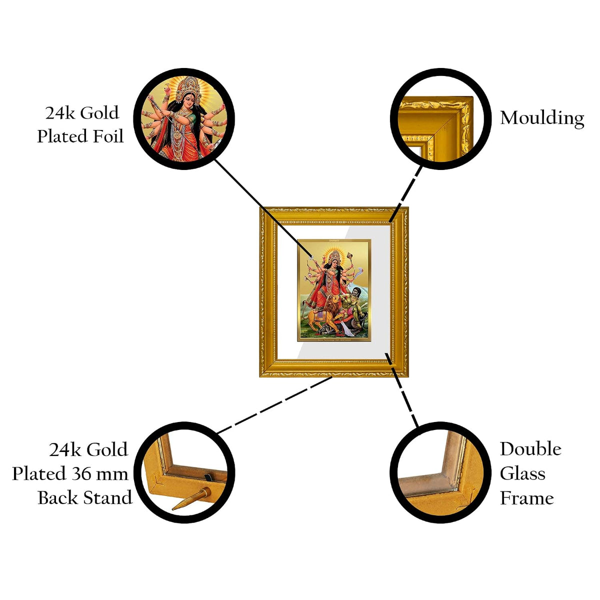 DIVINITI Goddess Durga Gold Plated Wall Photo Frame, Table Décor| DG Frame 101 Size 1 and 24K Gold Plated Foil| Religious Photo Frame Idol For Pooja, Gifts Items (13.5 CM X 15.5 CM)