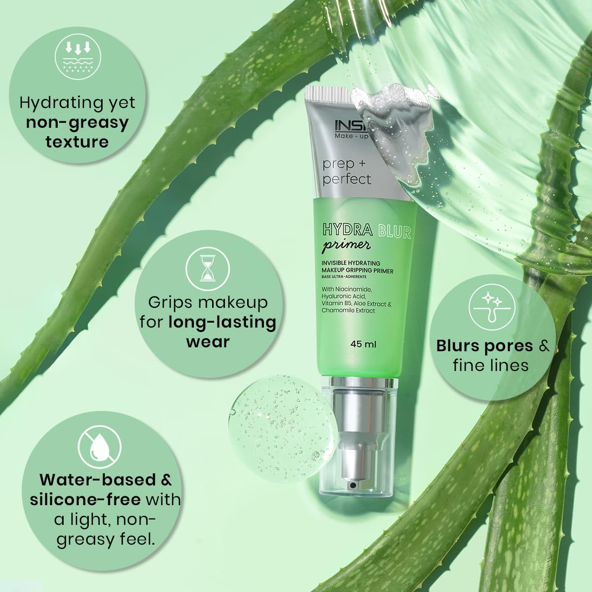 INSIGHT Hydrablur Primer| Lightweight| Silicone-Free| Water-Based| Hydrating & Smoothing| Enriched with Niacinamide| Hyaluronic Acid| Acne-Prone| Non-Greasy| Fast-Absorbing Primer| All Skin Types - 45gm