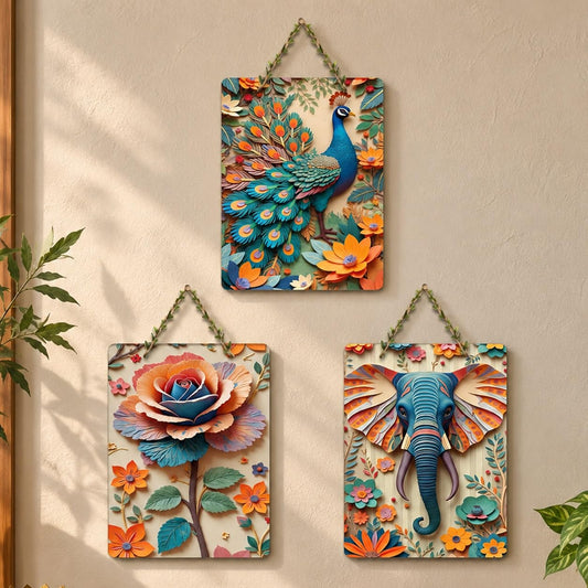 Artvibes Nature Harmony Artistic Elephant Floral Peacock & Rose Designer Wooden Wall Hanger for Home Decor | Wall Accent | Sceneries | Wall Poster | Graphic Artwork | Gift Items (WH_9639N), Set of 3