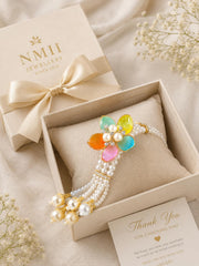 NMII Designer Plastic Pearl Bracelet For Women & Girls With Multicolor Flower Charm | Gold Tone Finish, Gemstone & Pearl Bead Work | Beautiful Hand Bracelet For Wedding, Party, Festival & Festive