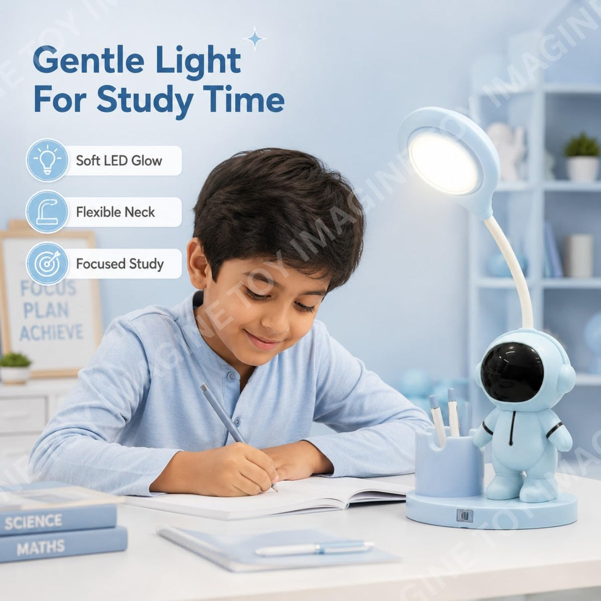 Toy Imagine 3-in-1 Kids LED Desk Lamp USB Rechargeable Night Light with Pen Holder and Pencil Sharpener Cute Astronaut Design Detachable Study Lamp for Girls & Boys Bedroom, Home & School