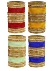 NMII Multicolour Glass with Zircon Stone, Pearls and Golden Ballchain Studded Fancy Velvet Bangles Set For Women's and Girls | Stylish Glass Bangles Set- Pack of 128 Bangles
