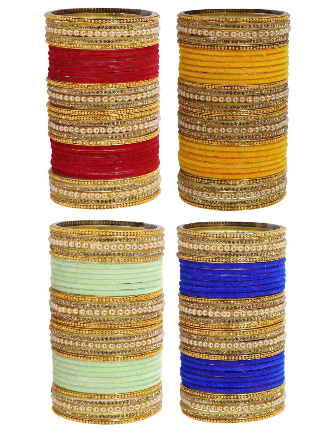 NMII Multicolour Glass with Zircon Stone, Pearls and Golden Ballchain Studded Fancy Velvet Bangles Set For Women's and Girls | Stylish Glass Bangles Set- Pack of 128 Bangles