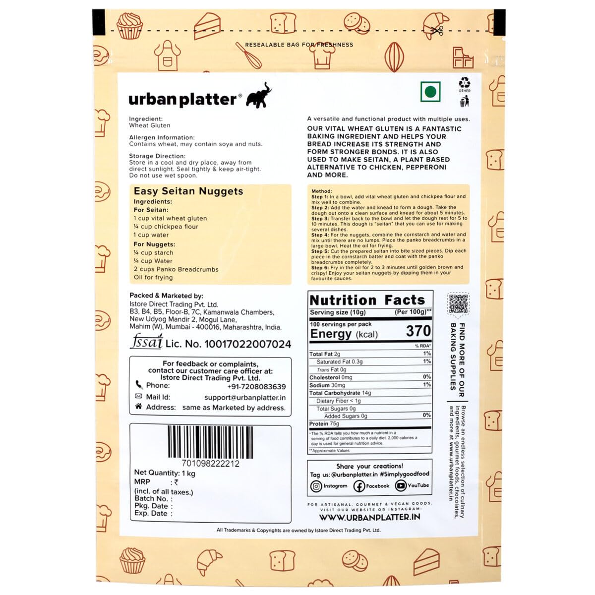 Urban Platter Vital Wheat Gluten, 1Kg (High-Protein Baking Essential | Key Ingredient for Seitan | Adds Elasticity & Structure | Ideal for Breads)