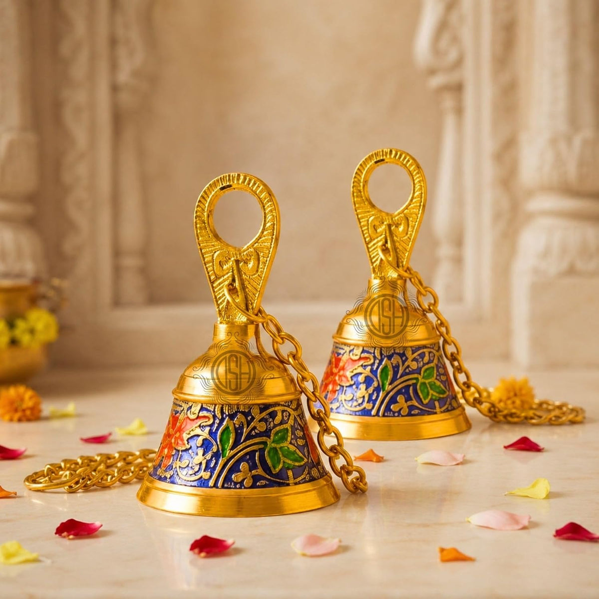 DSH Pure Brass Pooja Room Hanging Bell with Chain Set of 2, for Temple Mandir Home Decorative Bell (Blue)
