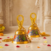 DSH Pure Brass Hanging Bell with Chain for Temple Mandir Door Home Decorative Ringing Bell (Blue, 2)
