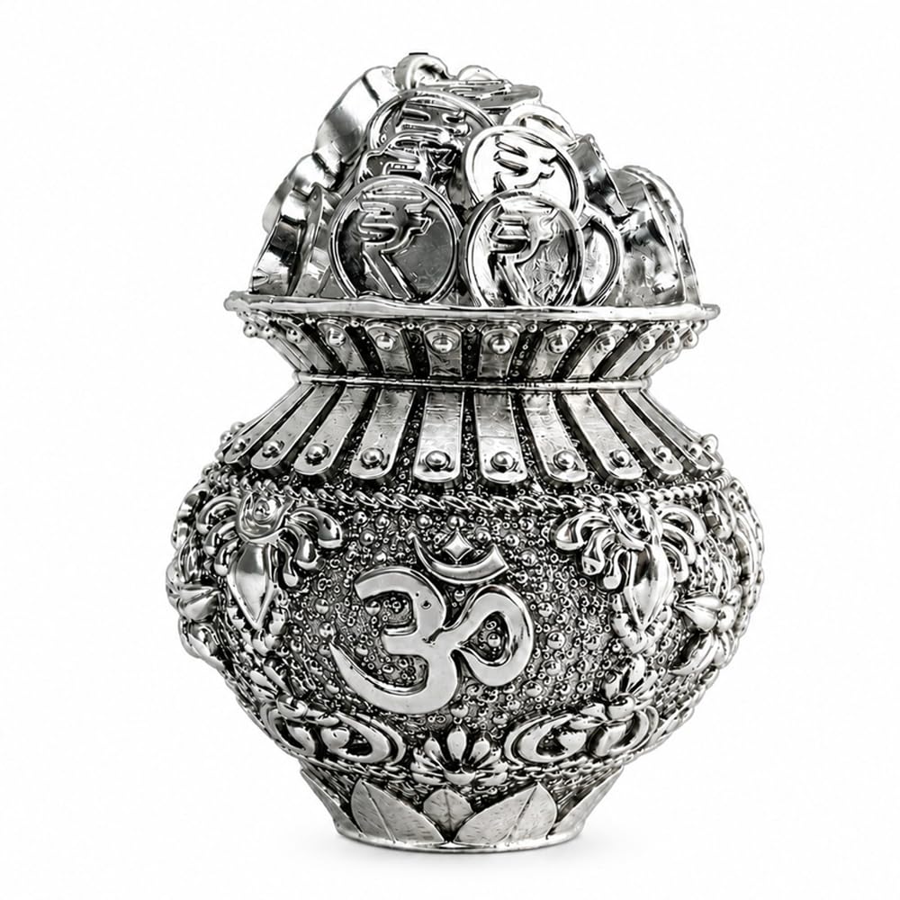 DIVINITI 999 Silver Plated Kuber Kalash for Pooja, Coin Kalash, 6 x 5 cm
