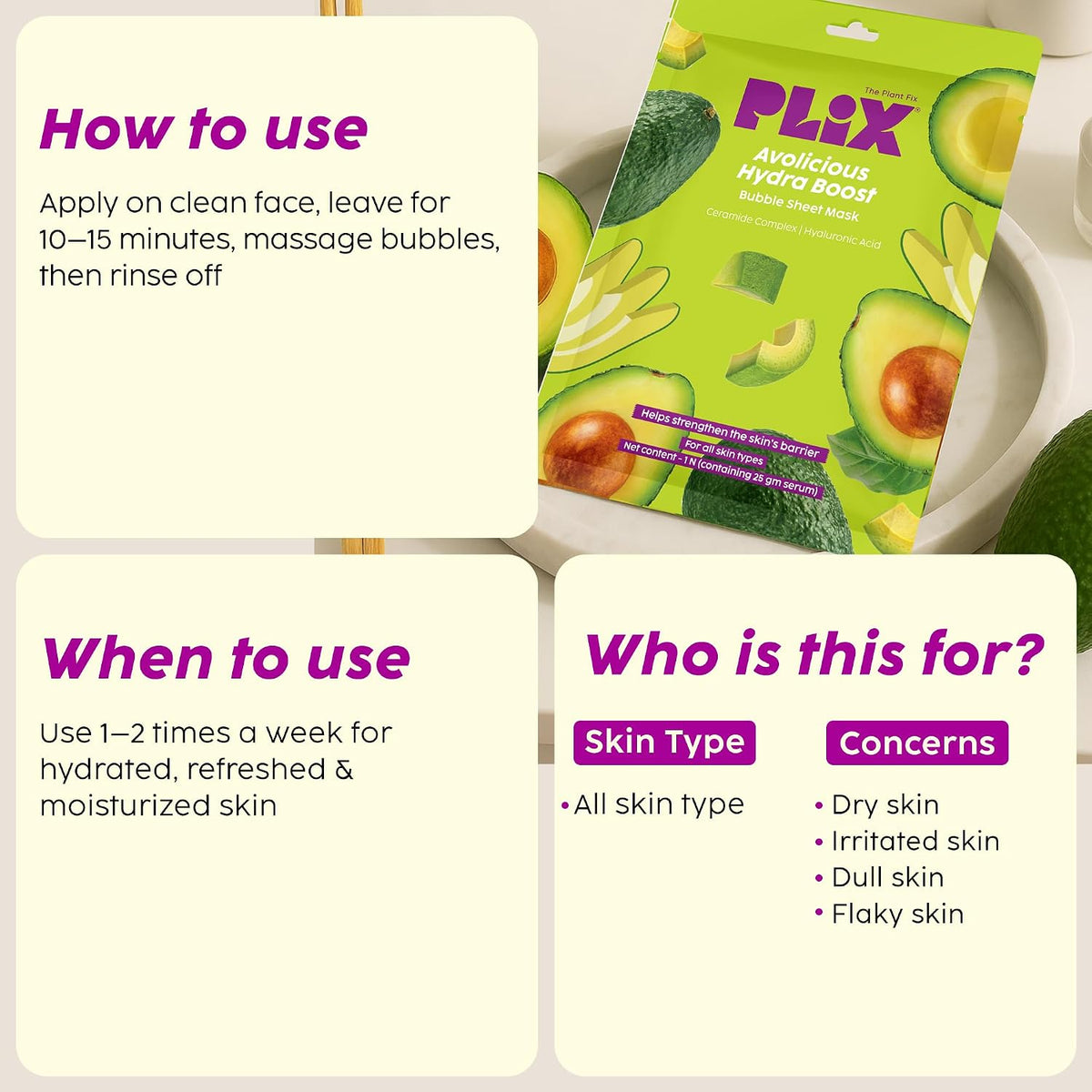 PLIX - THE PLANT FIX Avolicious Hydra Boost Bubble Sheet Mask | Deep Hydration & Skin Barrier Support | Ceramide Complex, Hyaluronic Acid & Avocado Extract | Refreshing Bubble Care