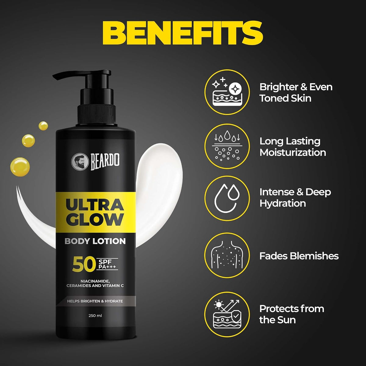 Beardo Ultraglow SPF 50 PA+++ Body Lotion for Men, 250 ml | Sun protection,Hydrating & Light Weight Winter Moisturizer for Body | Moisturizes & Nourishes Dry Skin | Body Butter for Men