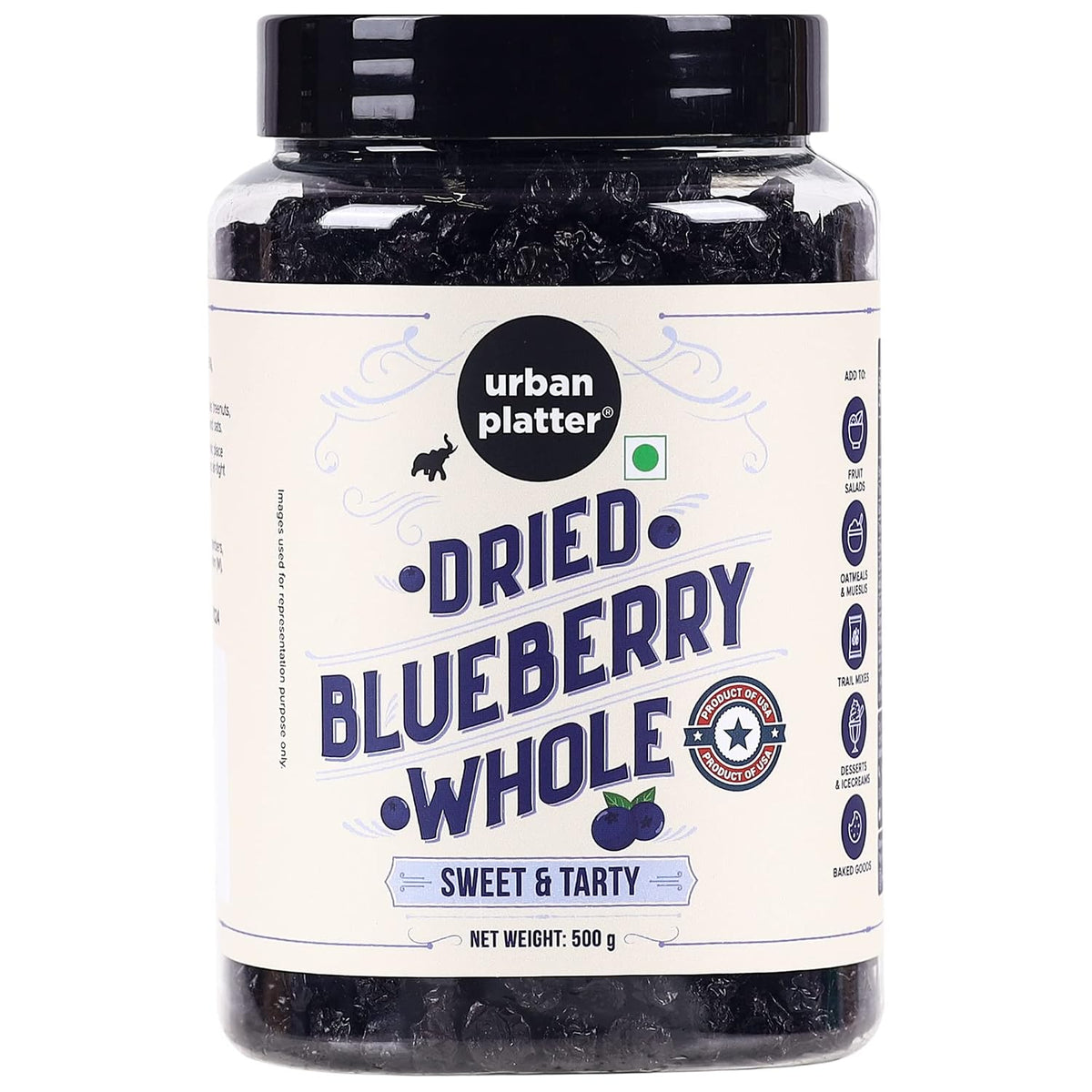 Urban Platter Dried Blueberries, 500g (Sweet & Mildly Tart | Garnish or Add to Fruit Salads, Oatmeals, Mueslis, Trail Mixes, Ice Creams, Baked Goods | Product of USA)