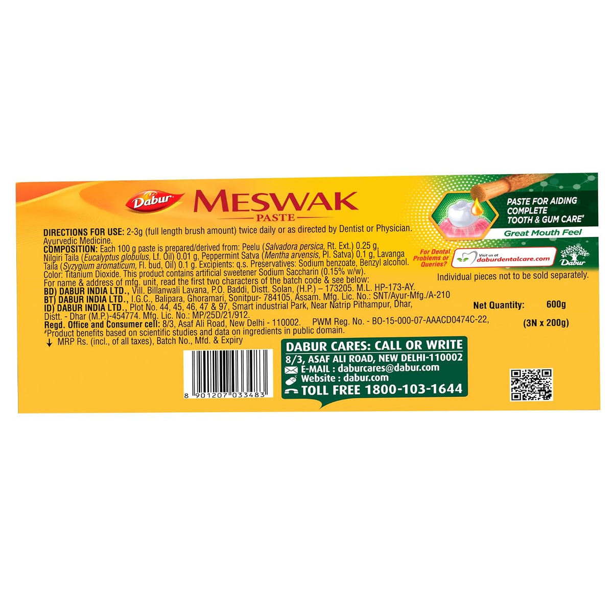 DABUR Meswak Complete Oral Care Toothpaste with Tooth Decay Prevention, Stain Removal, Cavity Protection, Tartar Control, Gum Protection, Plaque Removal, Anti-Bacterial 600 gm - 200 gm