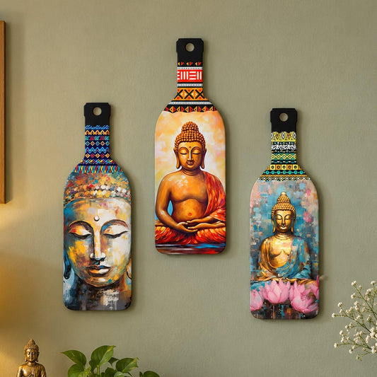Artvibes Meditating Gautam Buddha Bottle shaped Wooden Wall Hanging | Spiritual Decor Items | Wall Art Painting For Hall | Wall Paintings | Handcrafted Art | Poster | Gift Items (WH_9507N), Set of 3