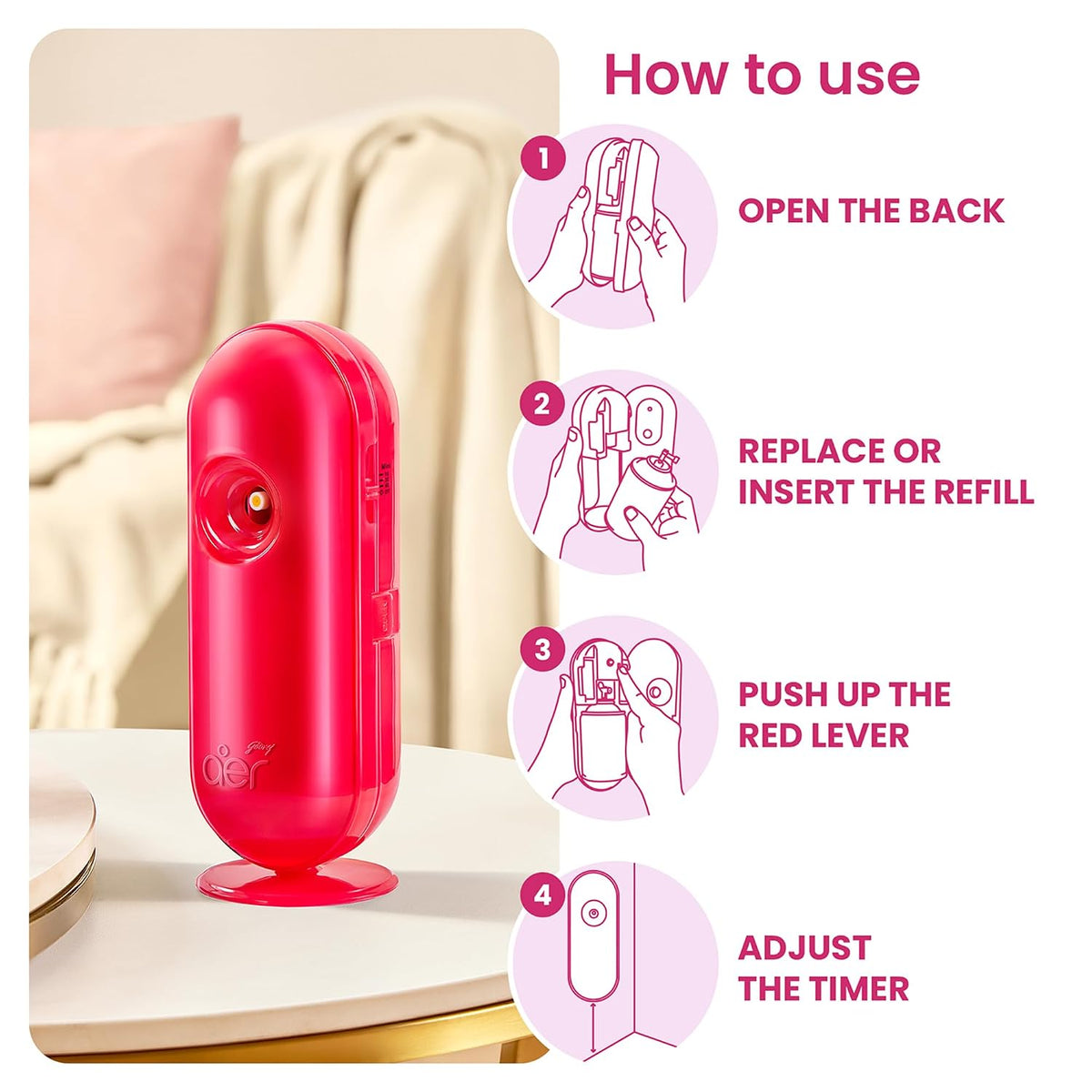 Godrej aer Matic Kit (Machine + 1 Refill) - Automatic Room Fresheners with Flexi Control Spray | Petal Crush Pink | 2000 Sprays Guaranteed | Lasts up to 60 days (210ml)