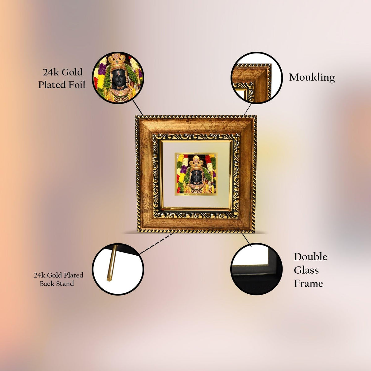 DIVINITI 24K Gold Plated Ram Lalla Photo Frame For Home Decor, Table Tops & Puja Room | DG Frame 113 Size 1A with 24K Gold Plated Foil | Ram Mandir For Puja & Gift (10 X 10 CM)