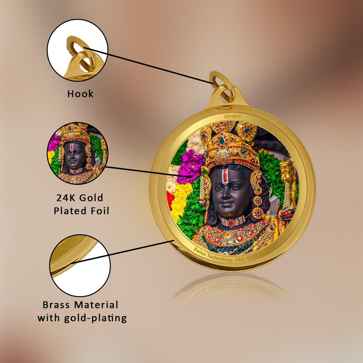 Diviniti 24K Gold Plated Ram Lalla & Jai Shree Ram Pendant For Men, Women & Kids| 22 MM Double Sided Stylish Pendant Necklace For Girls| Divine God Pendant For Birthday Gift, Anniversary Gift