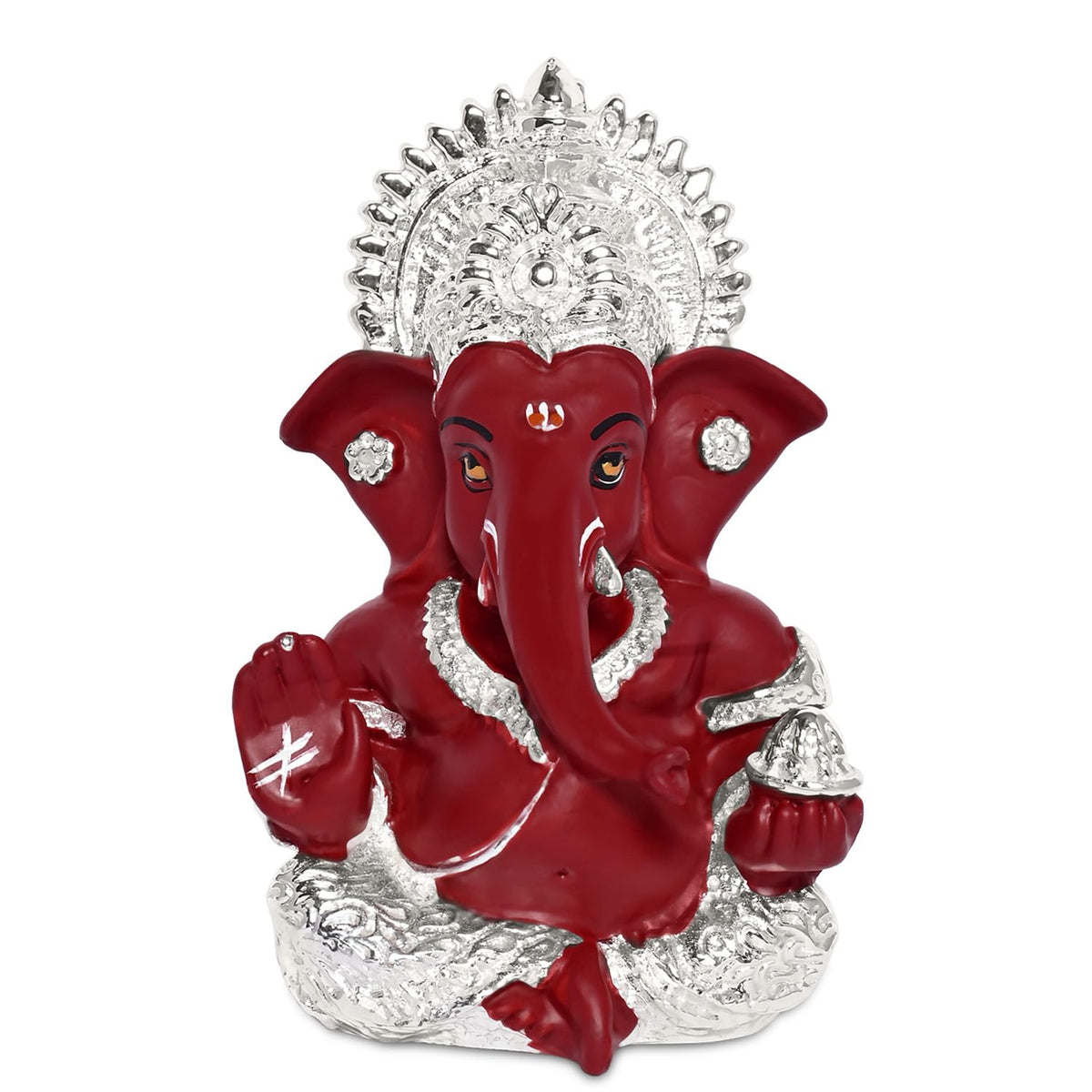 DIVINITI 999 Silver Plated Resin Lord Ganesha Idol for Car Dashboard, Tabletop|Ganesh Statue for Good Luck and Success|Ganpati Murti for Home Decor Mandir, Office Desk Puja Gift Red (8.4x4.2cm)