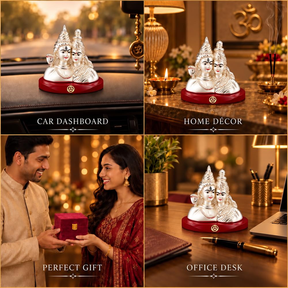 DIVINITI 999 Silver-Plated Shiv Parvati Idol | Shiva Parvati Murti for Home, Office & Pooja Mandir | Wedding, Diwali & Housewarming Gift with Premium Gift Box | 7.5 x 6 CM
