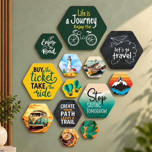 Artvibes Life is a Journey Travel Quote Hexagon Shape MDF Wooden Wall Decor Items | Quotes Decor Item | Traveller Quotes Wall Art | Wall Illustrations | Home Décor | Unique Gift (WPS_228N), Set of 13