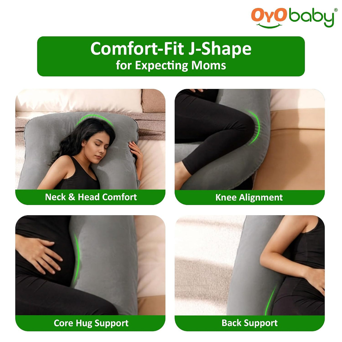 OYO BABY Maternity Pillows J-Shape Full Body Pillow | 360° Maternity Support for Back, Hips, Legs & Belly | Pregnancy Pillows for Women | Removable Washable Velvet Cover (Light Grey)