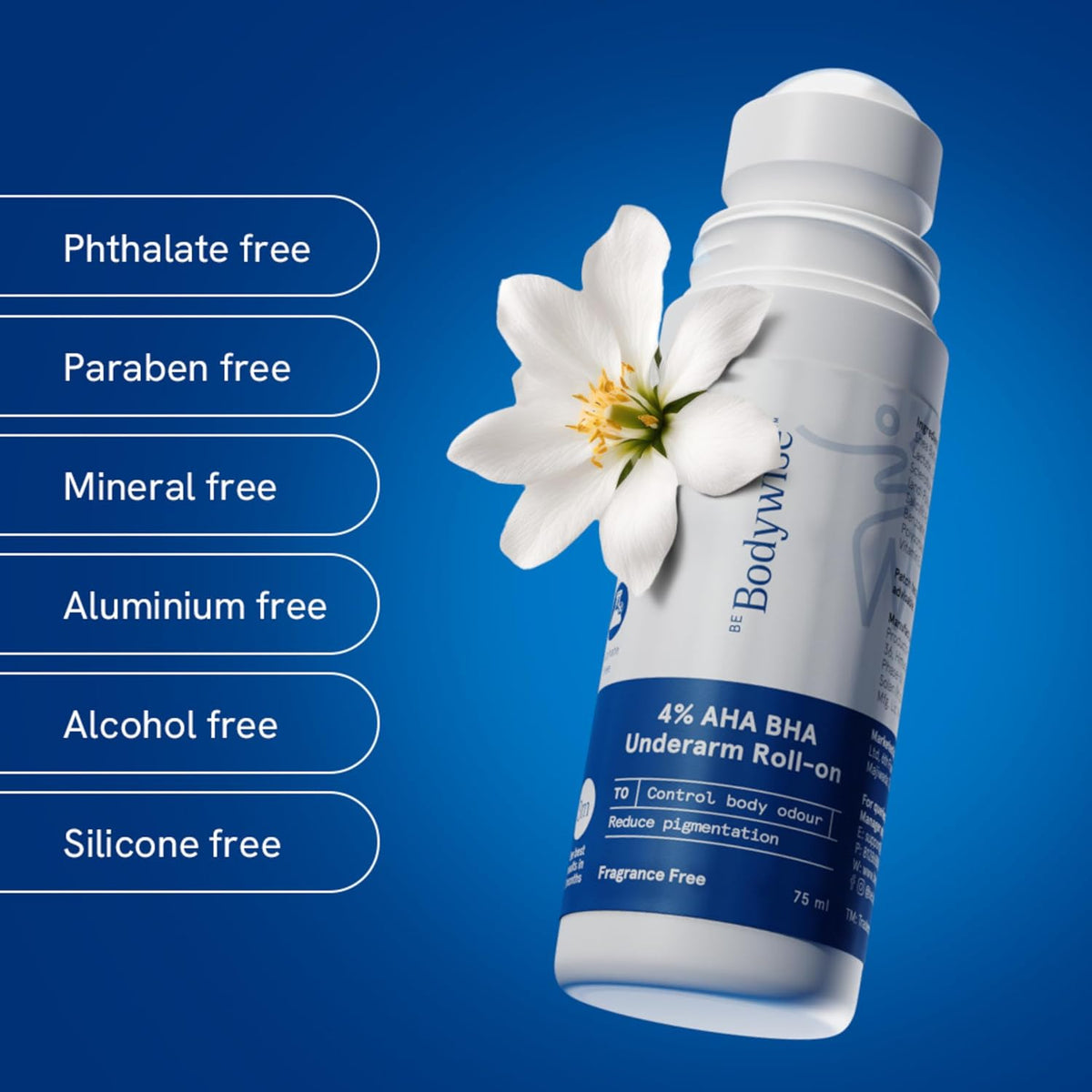 Be Bodywise 4% AHA BHA Underarm Roll-on for Even Tone Skin | 2% Lactic Acid, 1% Mandelic Acid & Salicylic Acid |Controls Odour & Reduces Pigmentation | 0% Alcohol & 0% Aluminium | Flora Fragrance,75ml