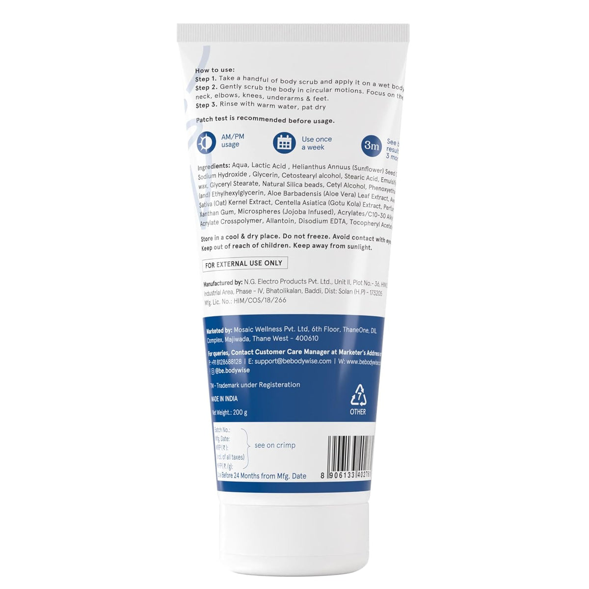 Be Bodywise 10% De Tan Lactic AHA Exfoliating Body Scrub 200g | Tan Removal & Soft-Smooth Skin | De-Tan Bathing Scrub with Centella Water & Aloe Vera, Removes Dirt & Dead Skin from Neck, Knees, Elbows & Arms | All Skin Types
