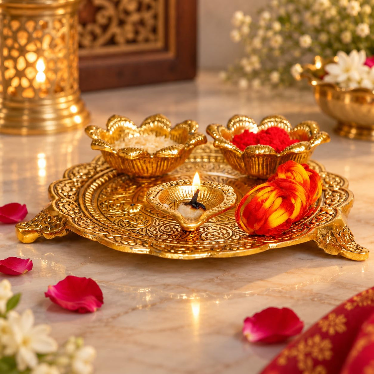 KridayKraft Metal Pooja Thali with Diya for Pooja Home/Temple/Mandir,Decorative Showpiece Pooja Thali Set for Diwali Poojan Wedding Gift Article