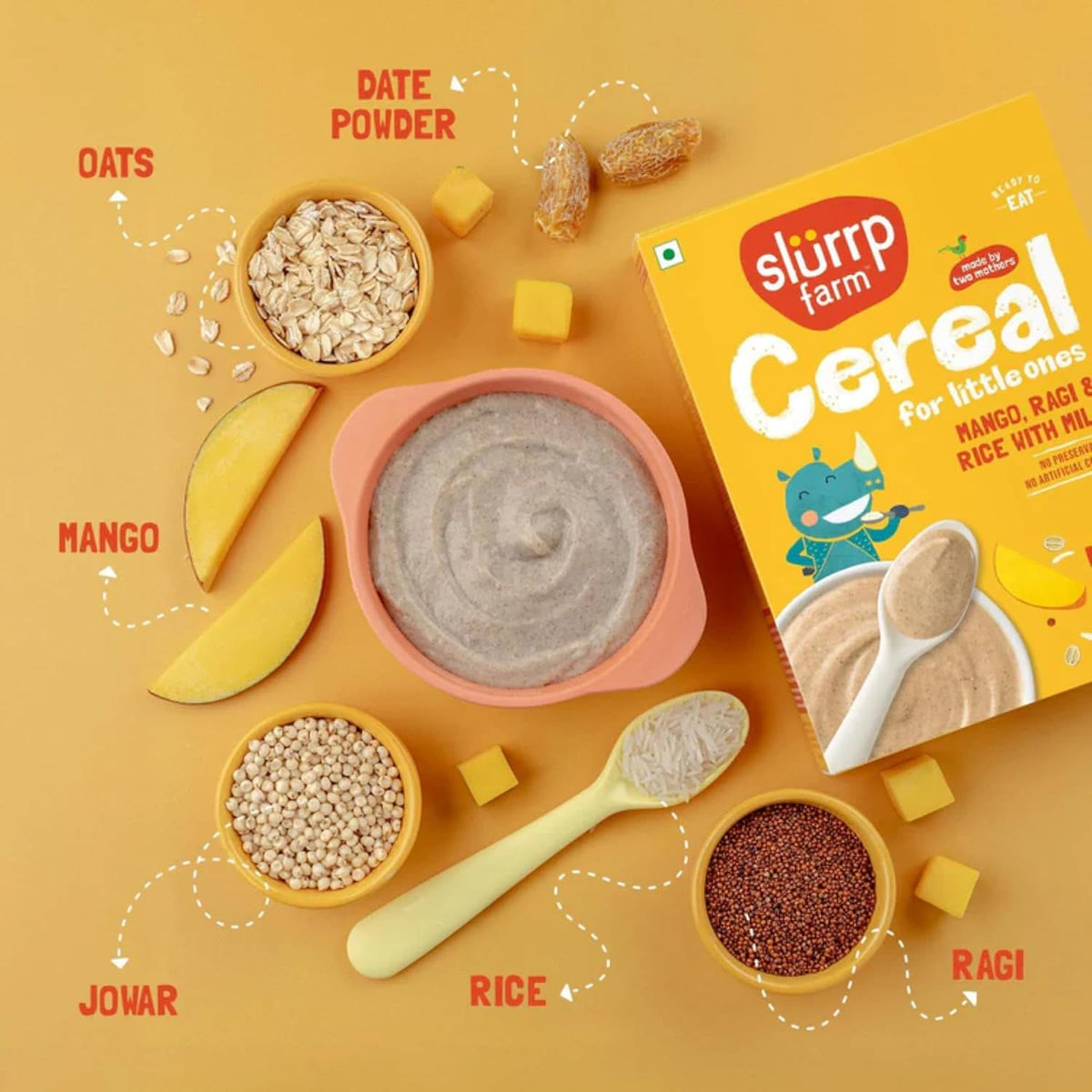 SLURRP FARM No Added Sugar Instant Cereal | Ragi, Rice and Mango with Milk, 200 Grams