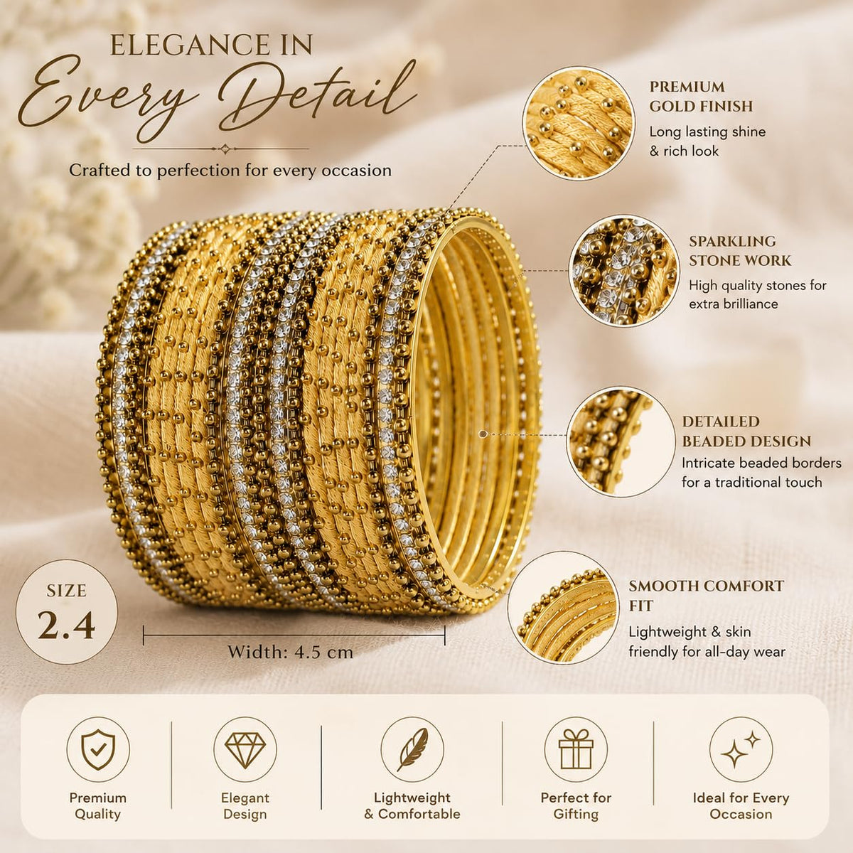 NMII Non-Precious Metal with Base Metal and Zircon Gemstone Studded Ball Chain Linked Glossy Finished Silk thread Bangle set for Women and Girls