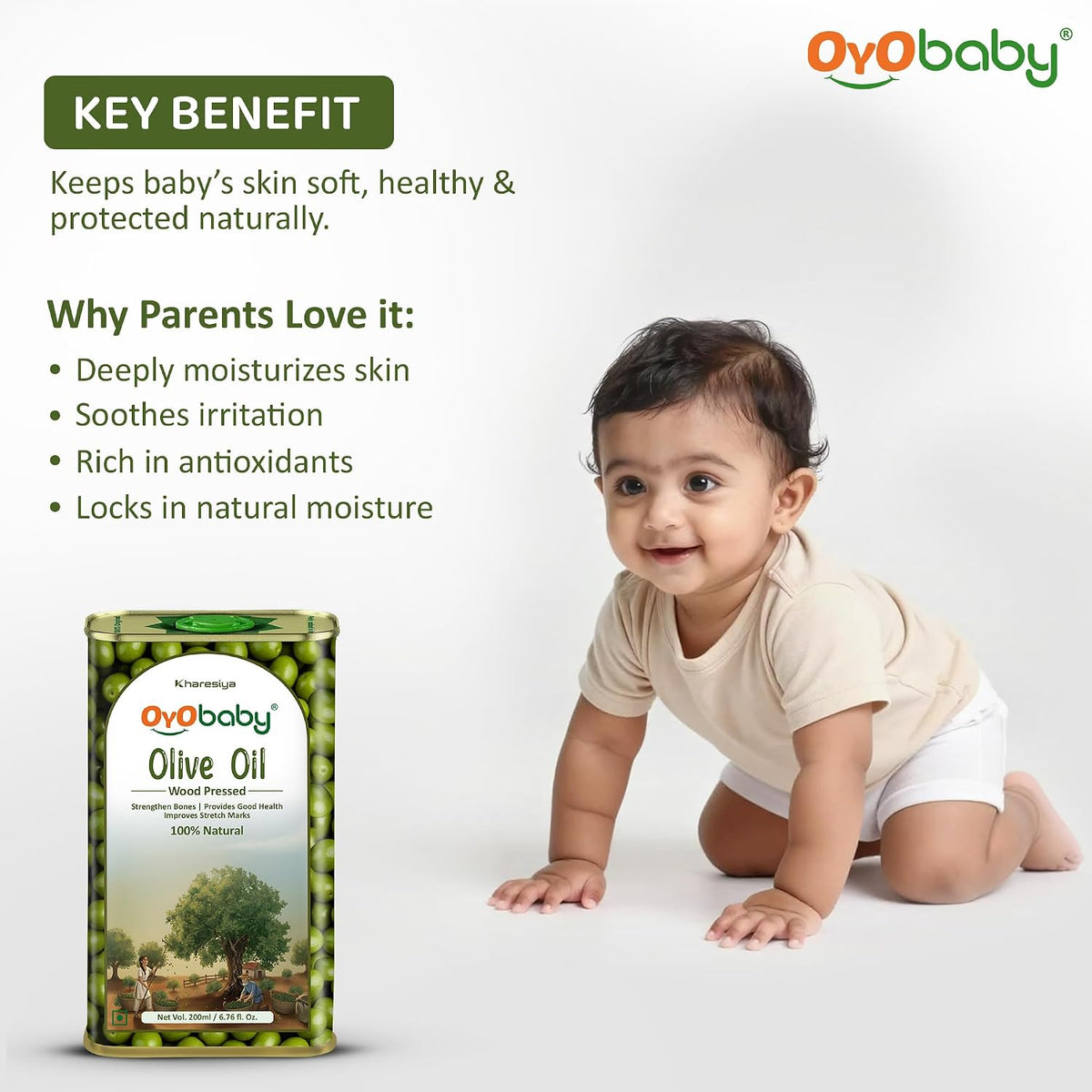 OYO BABY 100% Pure Olive Oil for Baby - 200ml | Enriched with Vit E & Omega 3 | Baby Massage Oil for Skin & Hair Nourishment | Edible Food-Grade Oil