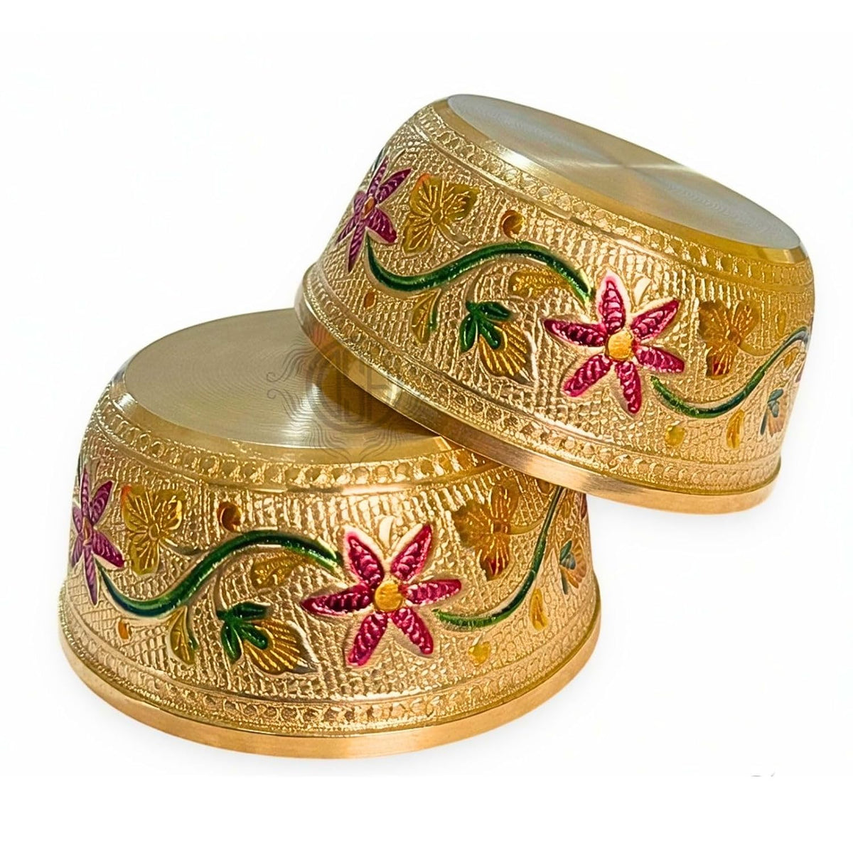DSH Brass Serving Bowl Designer Dry Fruit & Snacks Katori Floral (3.5X4 cm) Metal Bowls for Kitchen & Dining Embossed Design Brass Bowl Katori Serving Dishes (2)