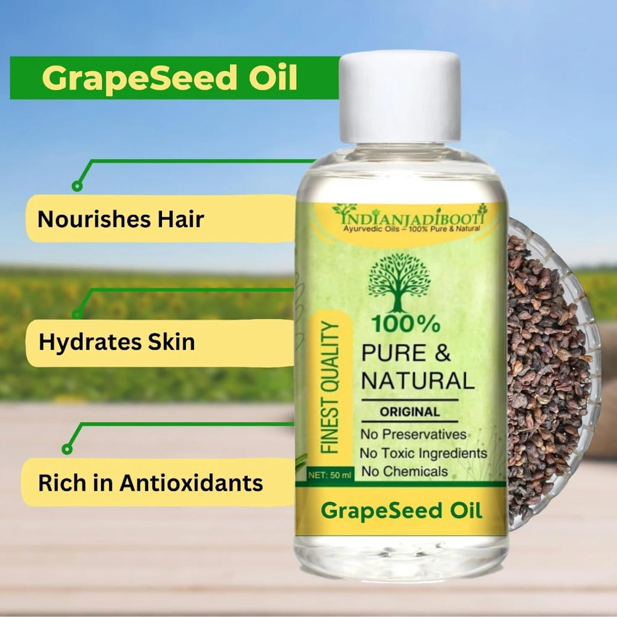 IndianJadiBooti Pure Cold-Pressed Grape Seed Oil (Vitis Vinifera) | Lightweight Botanical Carrier Oil for Non-Comedogenic Hydration, Aromatherapy & Silky Massage 200 ML