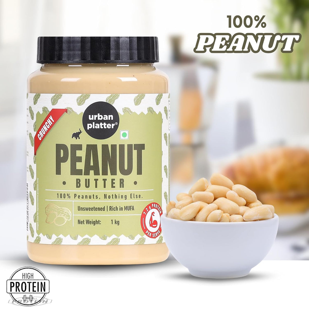 Urban Platter Crunchy Peanut Butter, 1Kg (Bold Roasted Flavour | Crunchy Texture | Single Ingredient | Keto-Friendly)