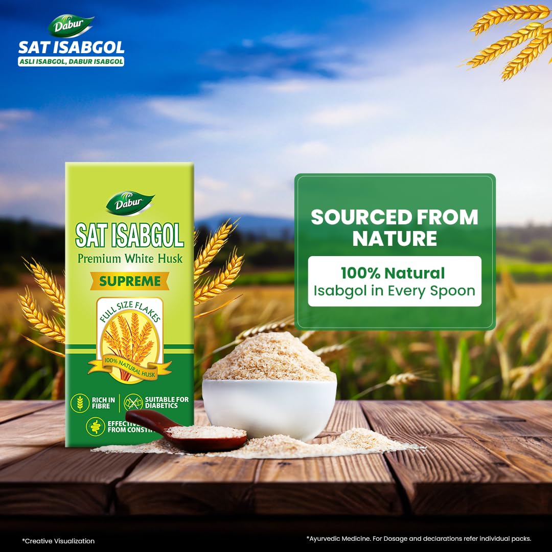 Dabur Sat Isabgol (Psyllium Husk) - 90g | Rich in Fiber | Provides Effective Relief from Constipation & Bloating | Promotes Bowel Health | Non-Habit Forming | 100% Ayurvedic