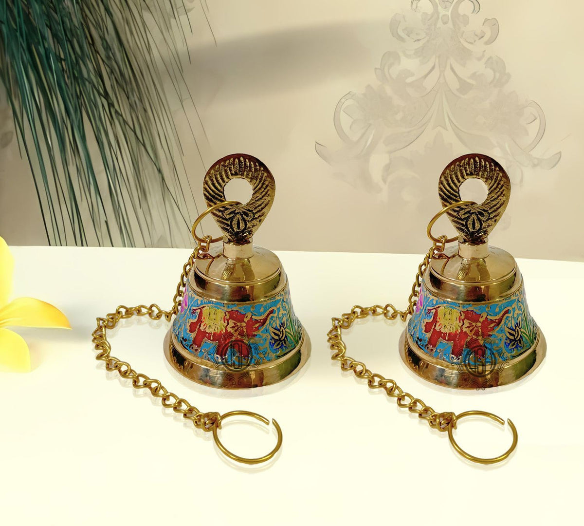 DSH Handcrafted Brass Temple Hanging Bell with Chain Home Mandir Decoration Ghanti for Pooja with Deep Sound (Blue, H-4 Inch)